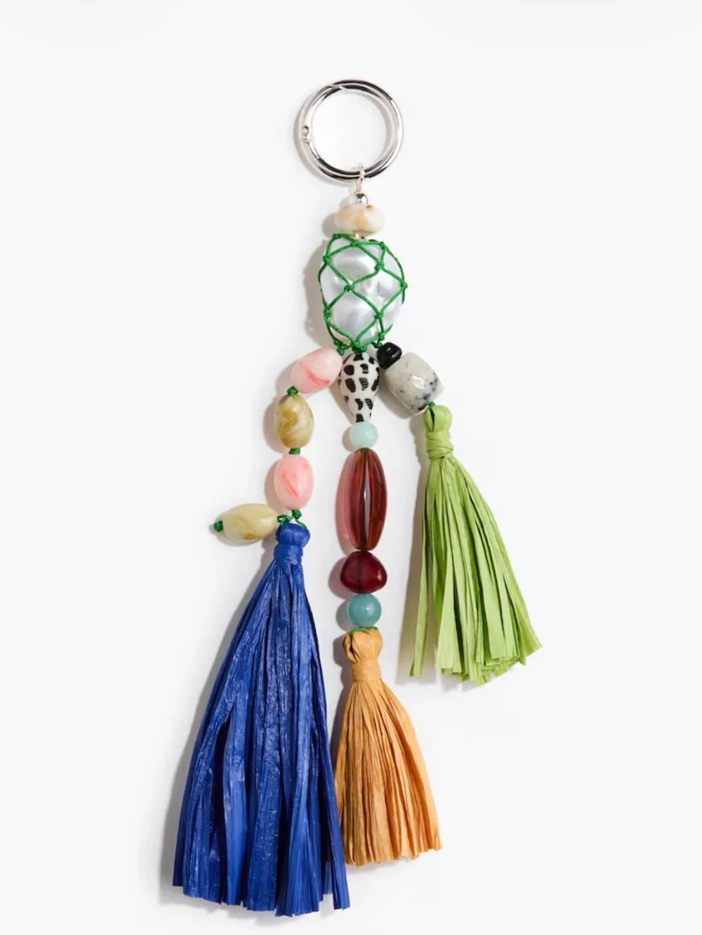 Beaded Tassel Bracelet Charm with Green Netting and Multicolor Beads